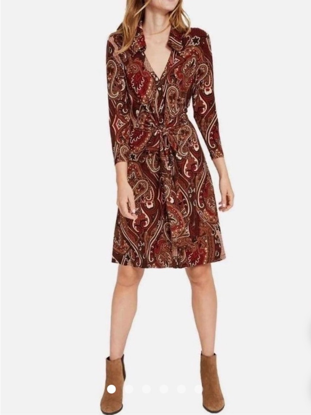 Tommy Hilfiger Brown & Rust Paisley Tie-Waist Long-Sleeve Dress